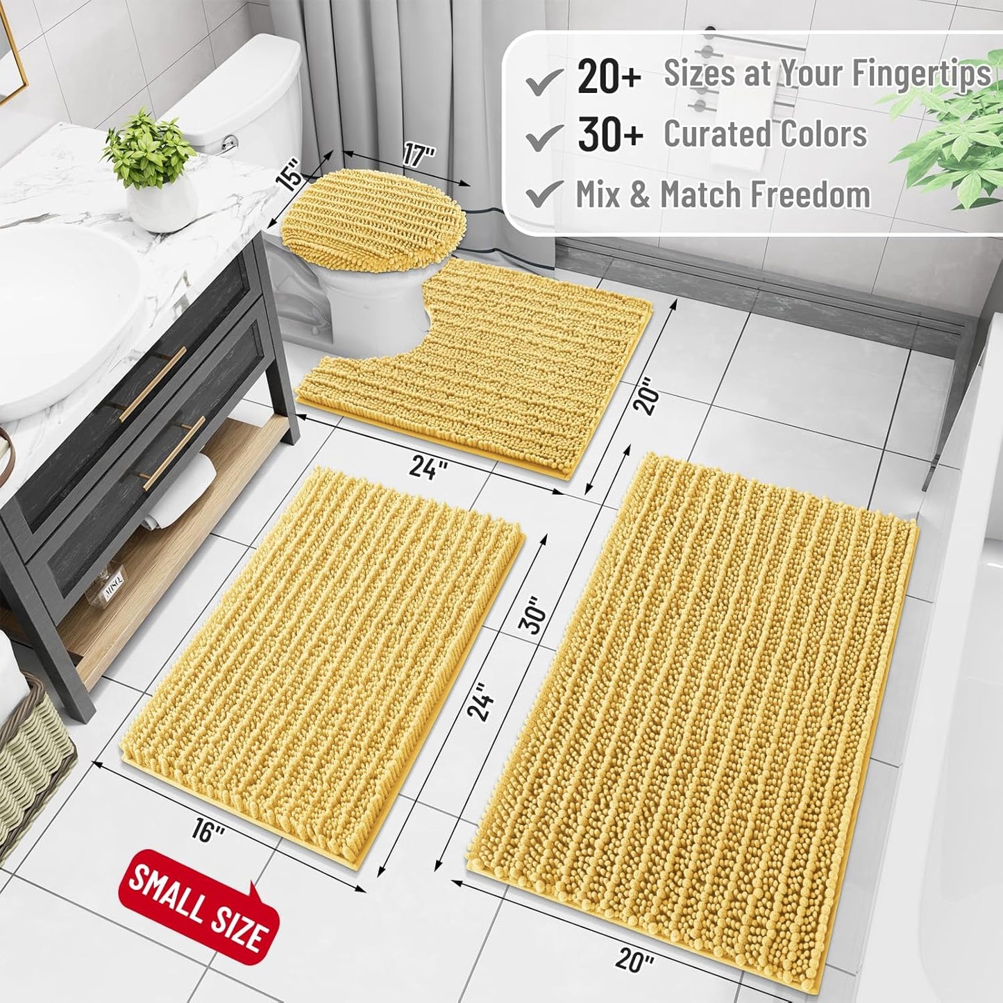 Arotive Luxury Chenille Bathroom Rug Mat, Extra Soft Thick Absorbent Shaggy Bath Rugs, Non-Slip Machine Wash Dry, Plush Bath Mats for Bathroom, Shower and Tub, 60x20, Yellow