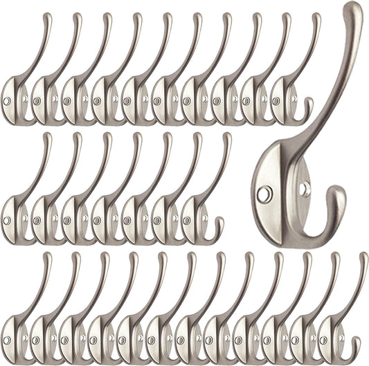 IBosins 30 Pack Heavy Duty Dual Coat Hooks Wall Mounted with 60 Screws Retro Double Hooks Utility Silvery Hooks for Coat, Scarf, Bag, Towel, Key, Cap, Cup, Hat