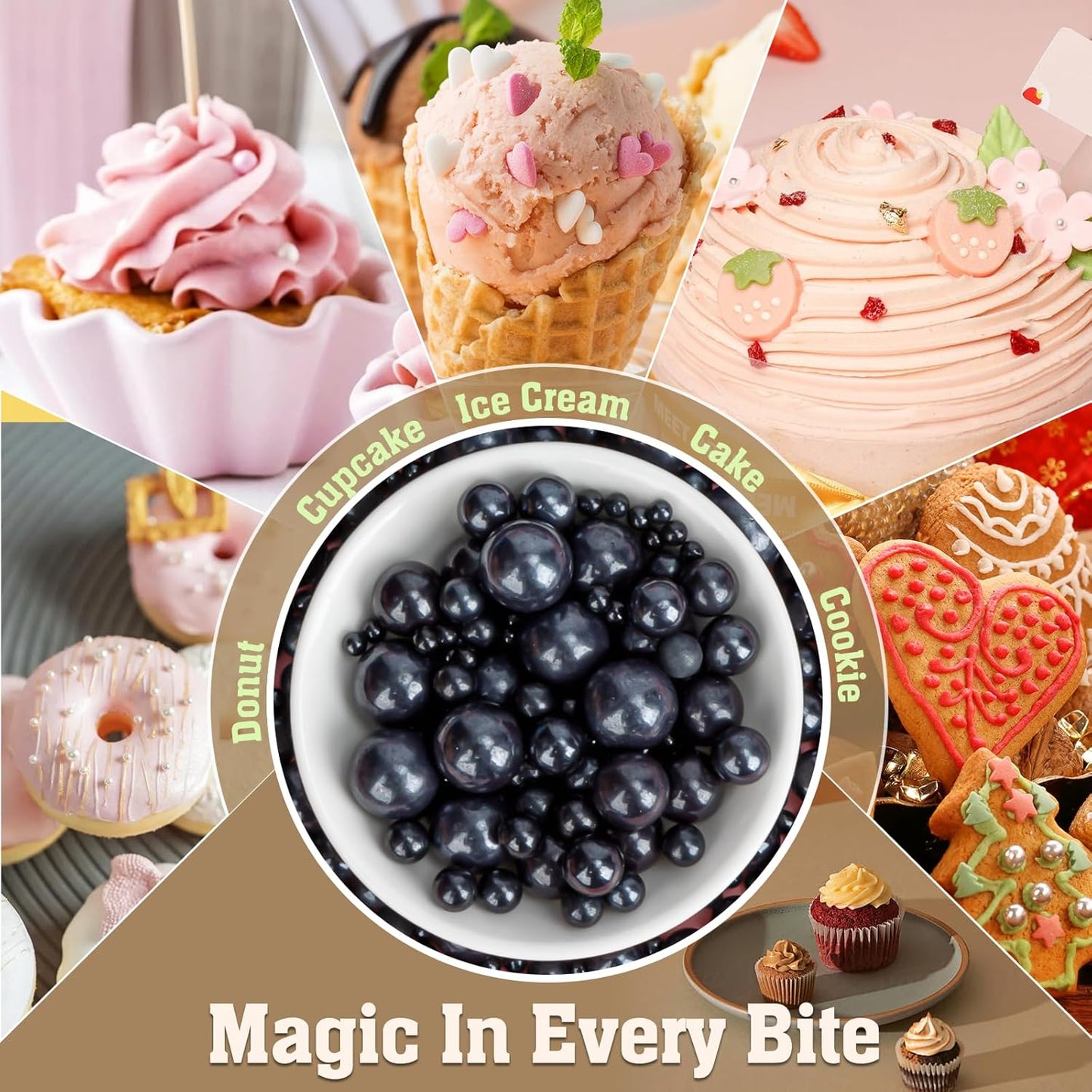 Twisweet Black Pearl Sprinkles for Cake Decorating, Edible Sugar Pearls for Baking, Mix Size, Cake Topper Cupcake Cookie Ice Cream Dessert Decorations, Halloween Birthday Christmas Supplies (130g/4.58oz)