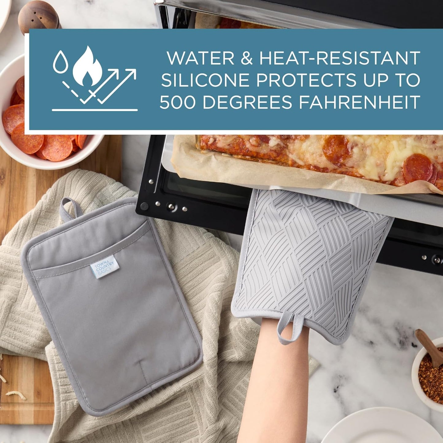 TOWN & COUNTRY BASICS Basketweave Soft Silicone Pot Holder 2-Pack Set, Heat Resistant up to 500F, Flexible Silicone, Non-Slip Grip, Grey, 7.5"x10"