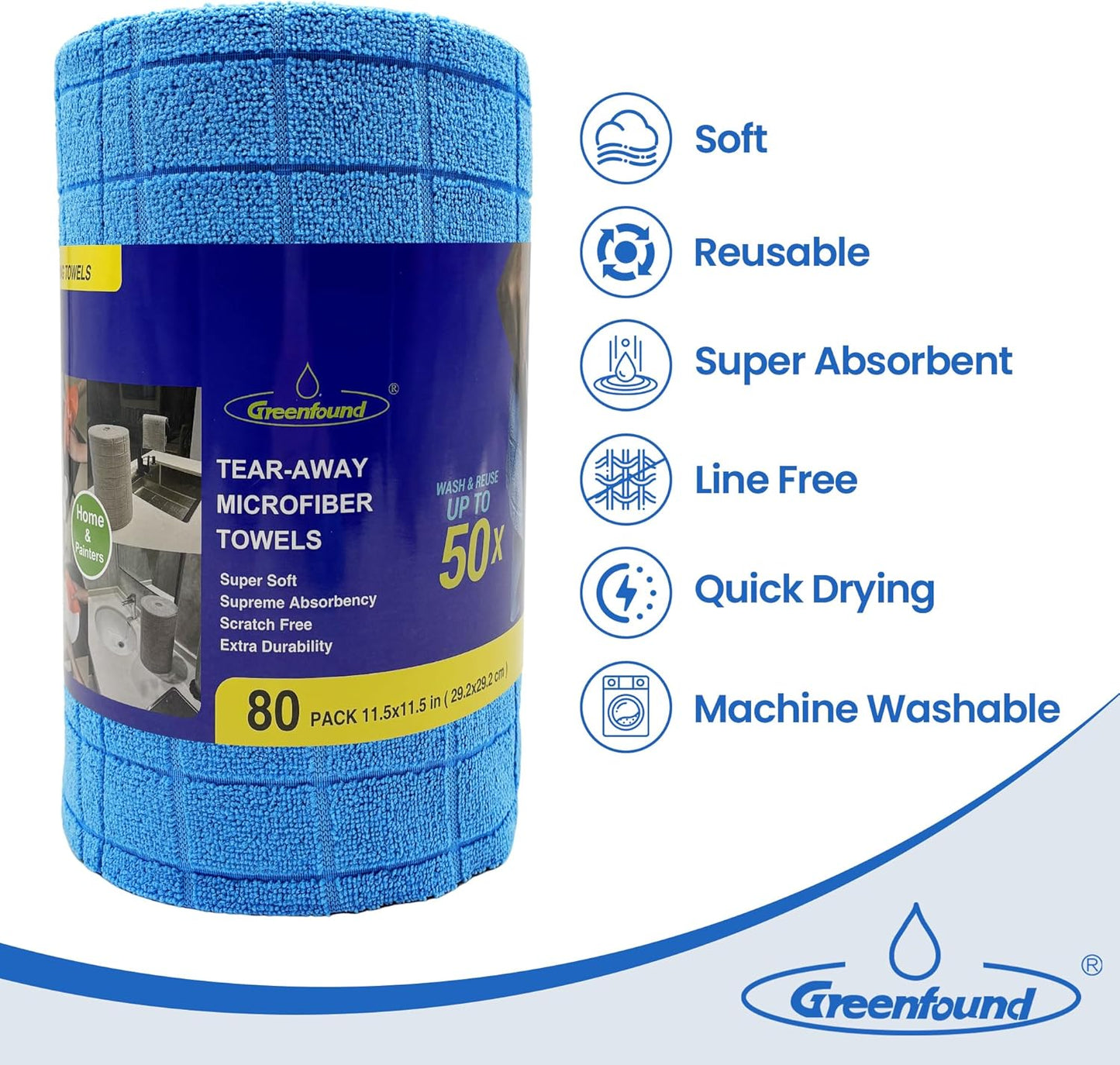 Greenfound Microfiber Cleaning Cloth Roll -80 Pack,Tear Away Towels for Car,Reusable Paper Towels Washable,Super Absorbent,Lint Free Cleaning Rags for House,Kitchen,Window-11.5"×11.5"(Check Blue)