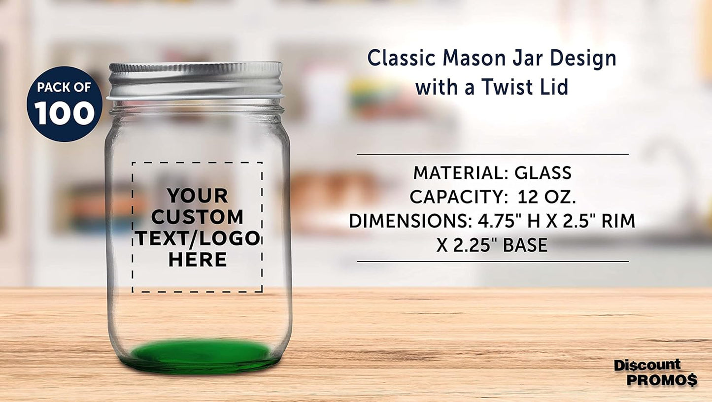 DISCOUNT PROMOS 100 Decorating Mason Jars Set, 12 oz. - Customizable Text, Logo - Canning, Aluminum Lid - Green