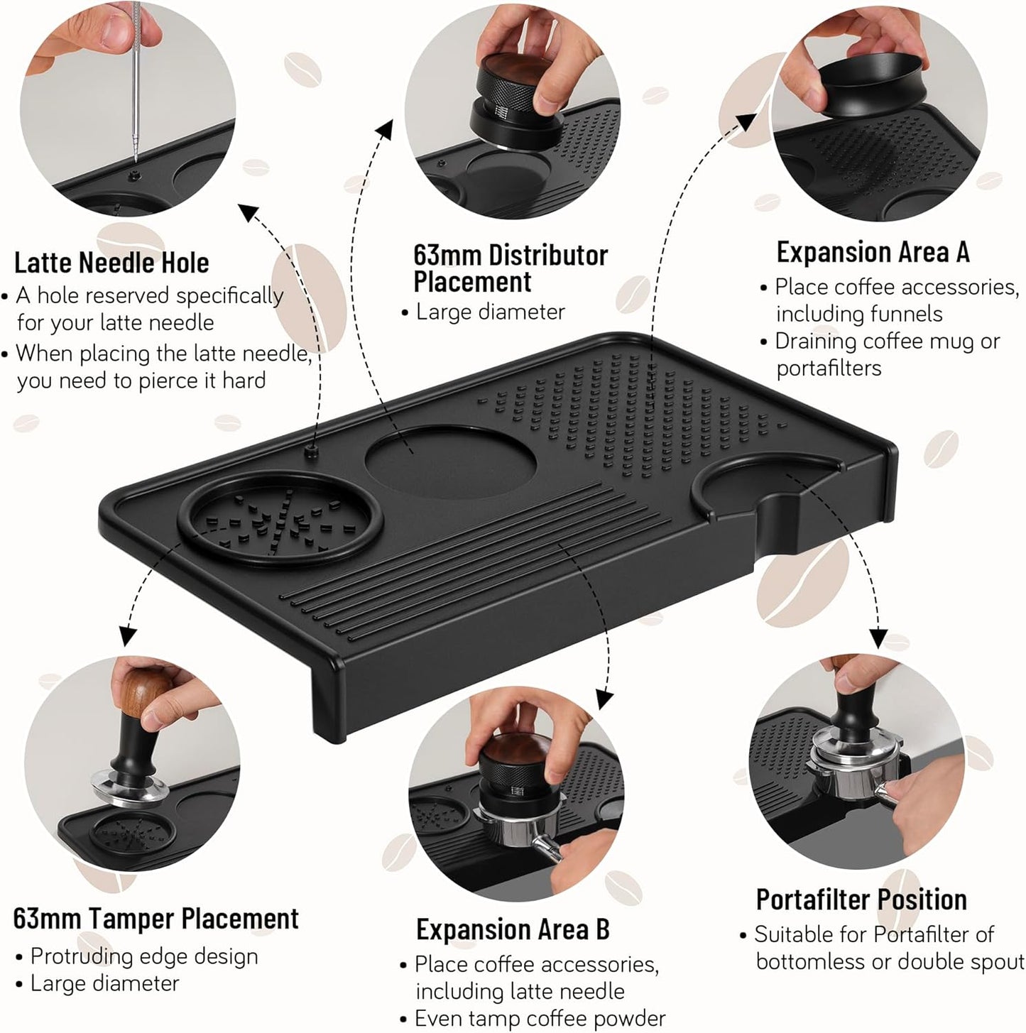 Espresso Tamping Mat, Coffee Tamper Mat, Food Grade Silicone 10.43″×5.63″ Portafilter Mat for Barista Espresso Machine Acceessories, Waterproof Heat Resistant Tamp Station for counter (Black)