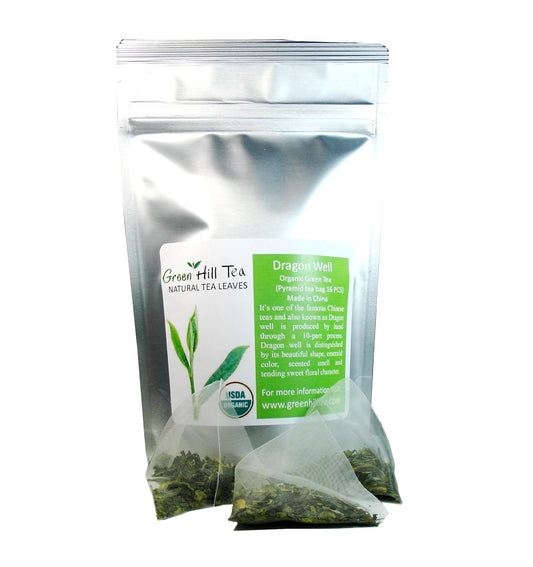 Organic Dragon Well , a classic Chinese Green tea distinguished by its color , shape and taste 16 tea bags