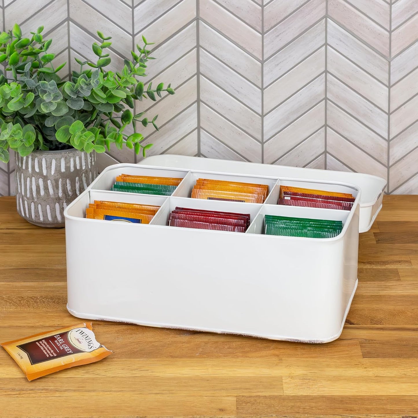 AuldHome Design Farmhouse Tea Bag Box (White), Vintage Retro Style Enamelware Tea Storage Tin