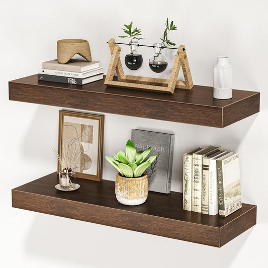 Floating Shelves for Wall, 24" W x 6.7" D x 1.5" H, Wooden Wall Mounted Display Shelves with Invisible Brackets for Living Room, Bedroom, Bathroom, Kitchen Decor and Storage, Set of 2, Walnut