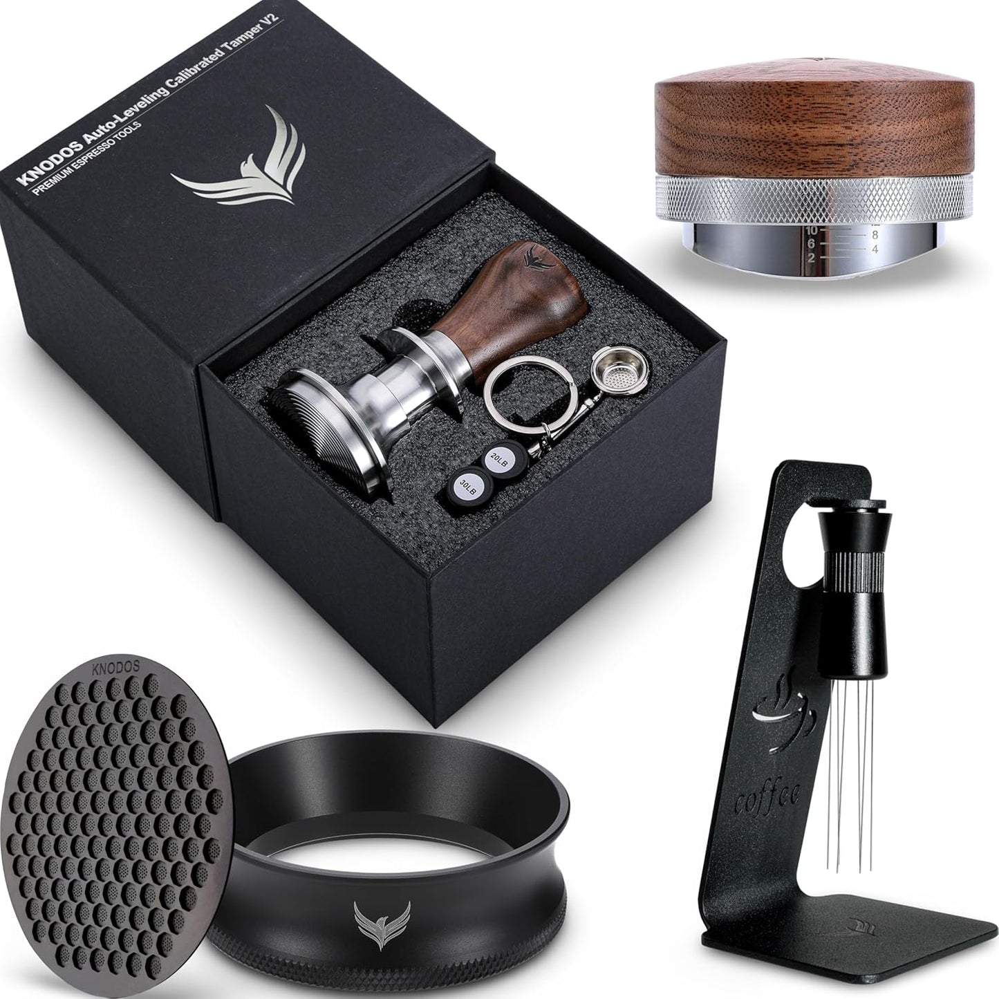 58mm Espresso Must Haves Tools Portafilter Funnel, Self Leveling Tamper, Coffee Distributor, Espresso Needle Whisk and Puck Screen