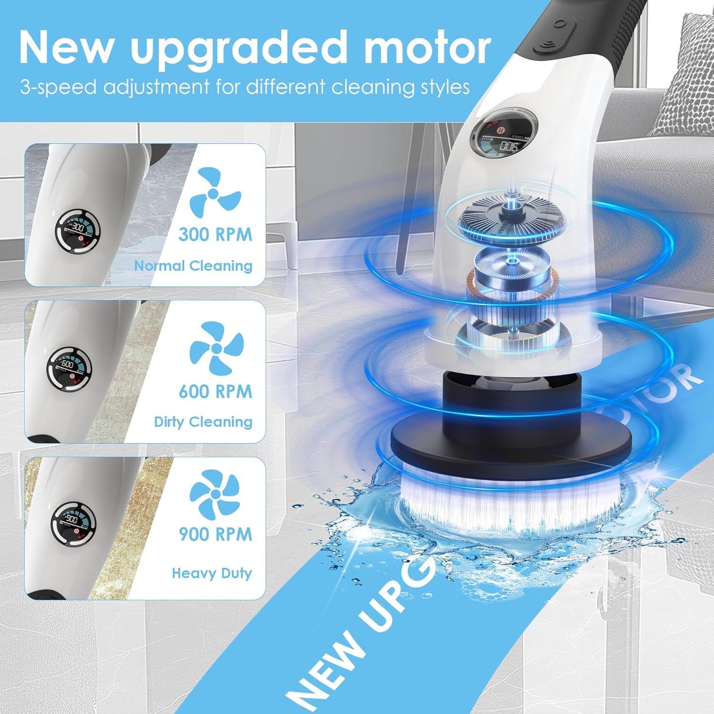 Electric Spin Scrubber,Cordless Cleaning Brush, 3-Speed,7 Replaceable Brush Heads & Long Detachable Handle, LCD Display Shows RPM/Torque/Battery, for Bathroom, Kitchen, Tile