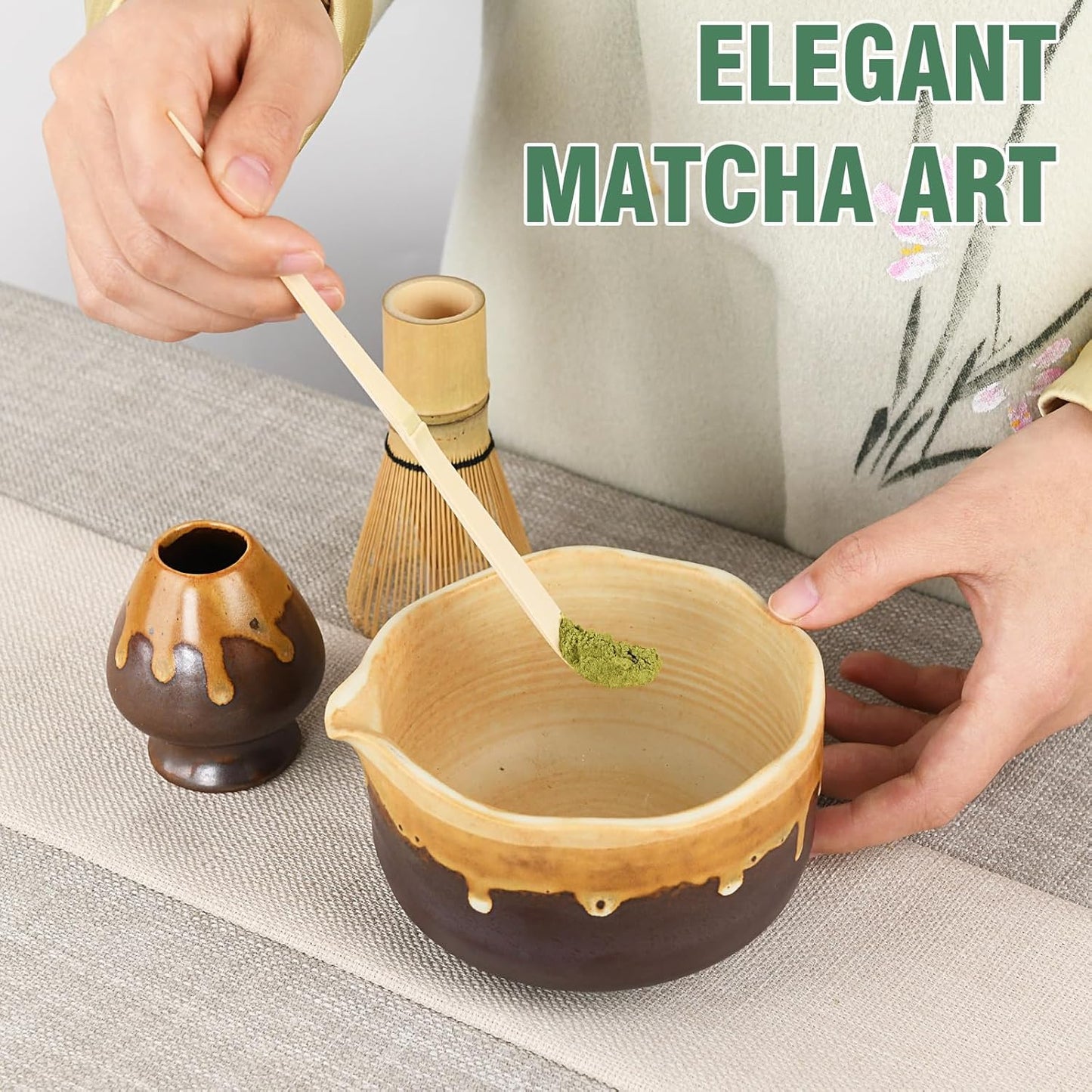 Pottery Matcha Set - Japanese Handcrafted Matcha Tea Bowl Mineral Glaze Bowl with Spout, Bamboo Whisk, Scoop & Chasen Holder | 4pc Tea Ceremony Kit for Matcha Lovers (Coffee Sand)