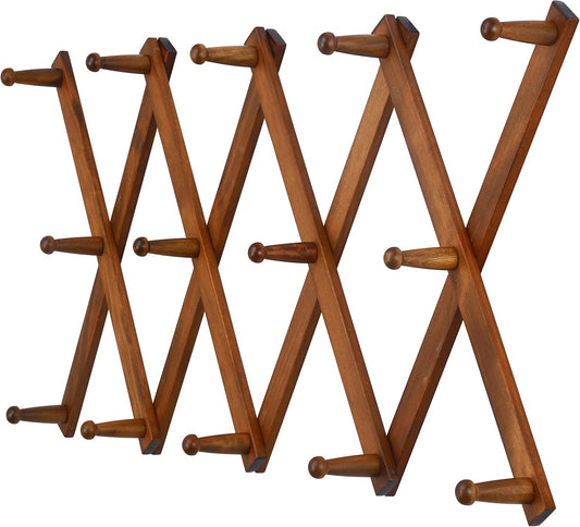Dseap Accordian Wall Hanger: 16” High Wooden Wall Expandable Coat Rack, Hat Rack Holder, Accordion Hook for Baseball Caps, Coats, Mugs, 14 Peg Hooks, Brown