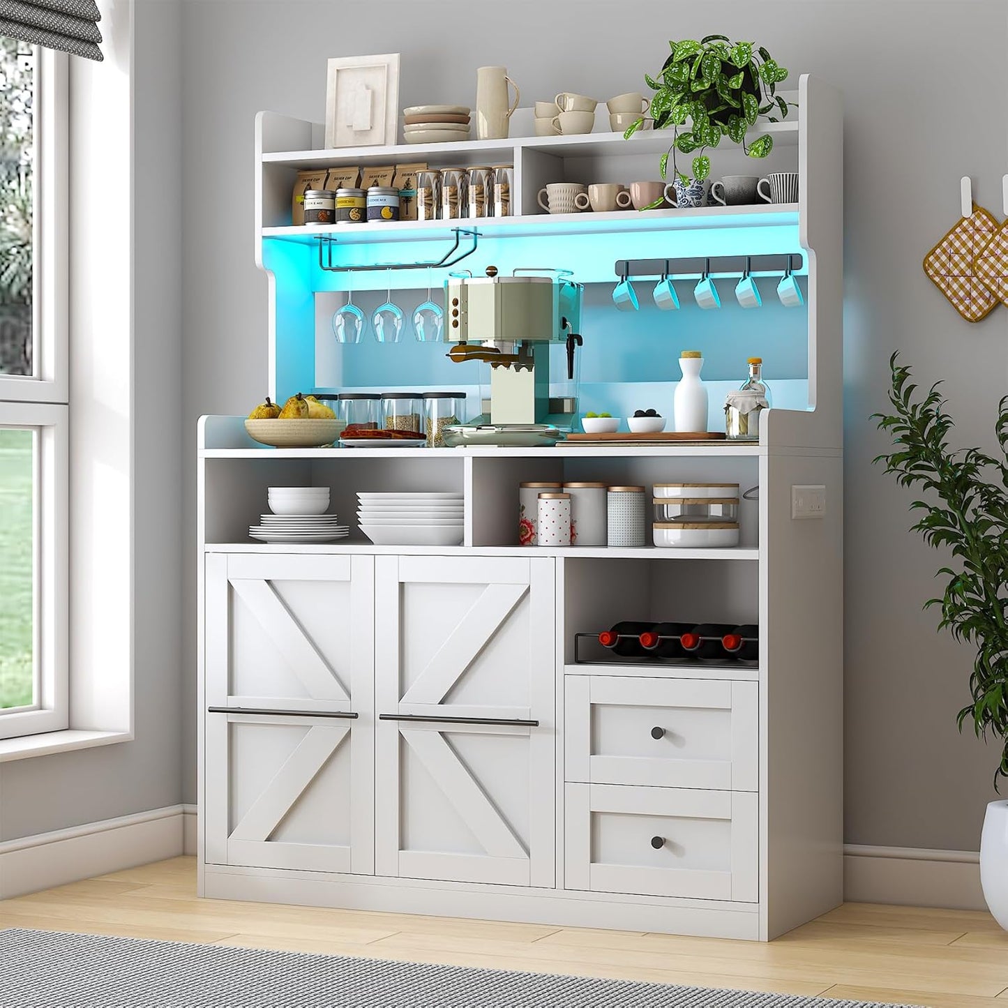 Hutch Storage Buffet Cabinet with Drawers, and Charging Station, Coffee Bar Cabinet with Barn Doors, Wine Rack and Hooks, White Wood Sideboard Buffet for Kitchen, Dining Room, 54.5" High