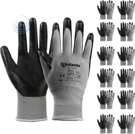 ANDANDA 12 Pairs Work Gloves, Smart Touch, 3D Comfort Stretch Fit, Nitrile Coated Work Gloves with Grip, Seamless Knit Nylon Work Gloves Men Suitable for Warehousing, Logistics, Handling, Black（M）