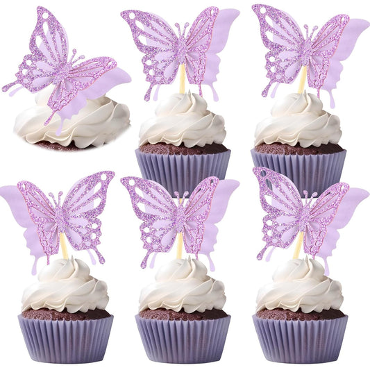 Chinco 48 Pcs Butterfly Cupcake Toppers Assembled Double Layer Cupcake Topper 3D Glitter Cake Topper Butterfly Cocktail Pick Decoration for Baby Shower Birthday Wedding(Glitter Purple,Retro Style)