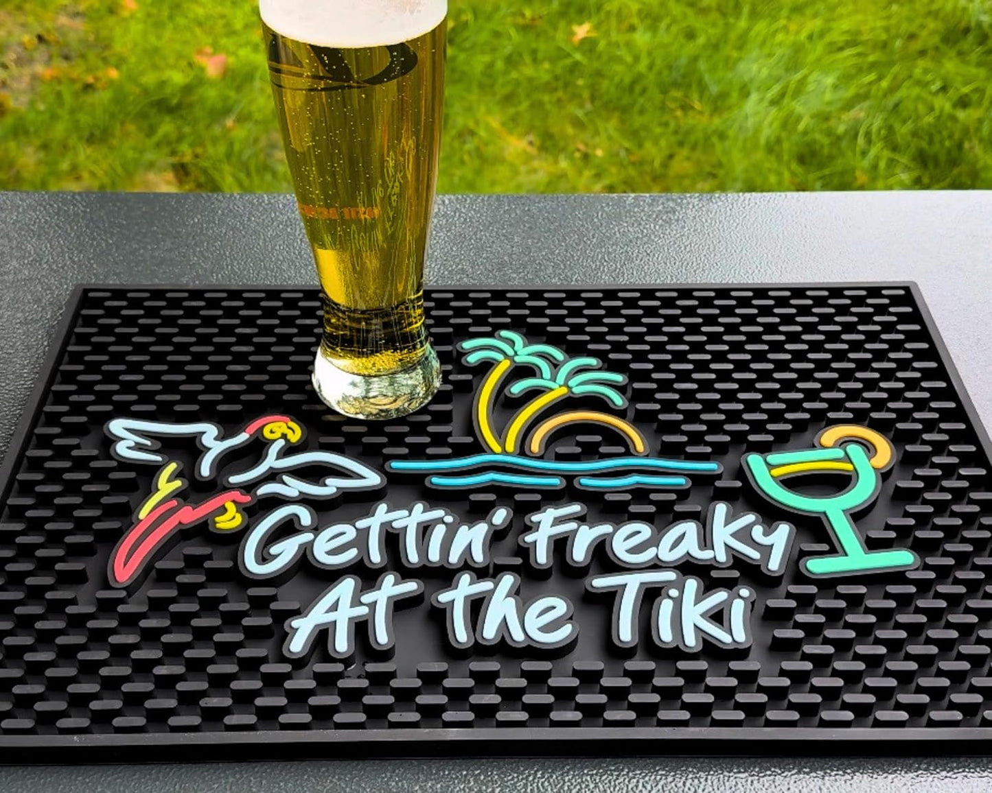 Gettin Freaky at The Tiki Sign with Flying Parrot, Palm Tree and Cocktail Tiki Bar Mats for Countertop 18 x 12in, Coffee Station Mat and Coffee Bar Mat, Aloha, Hawaiian and Luau Party Decorations