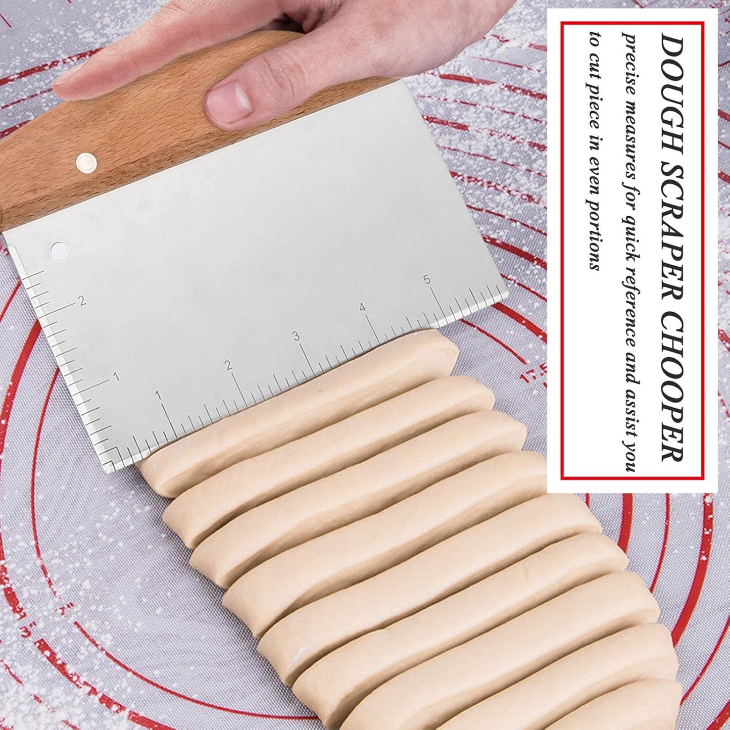 Bench Scraper Set of 2, HaSteeL Metal Dough Scraper Cutter Pastry Chopper with Wooden Handle, Heavy Duty Stainless Steel Griddle Scraper with Measuring Marks for Cooking Baking Grilling