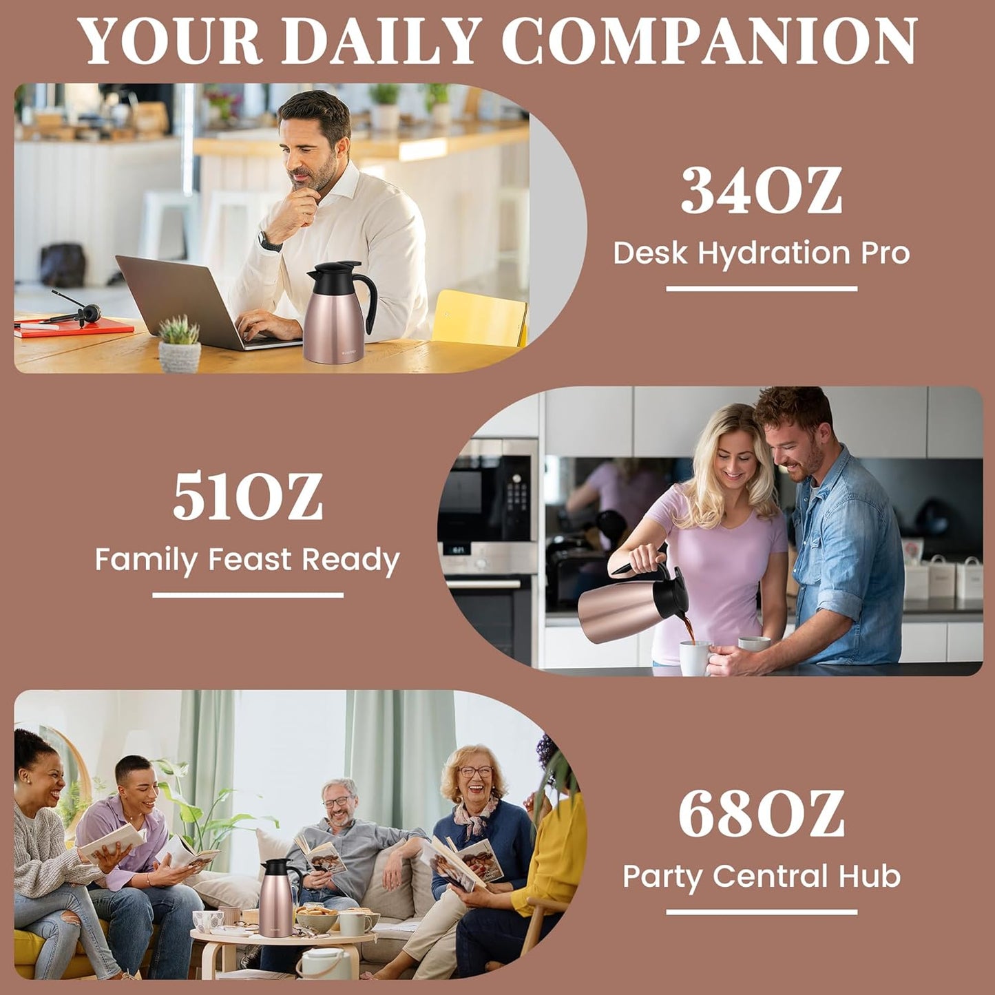 68 Oz Thermal Coffee Carafe, Stainless Steel Insulated Vacuum coffee crafts to keep coffee hot, 2 Liter Tea Water Coffee and Beverage Dispenser (Copper)