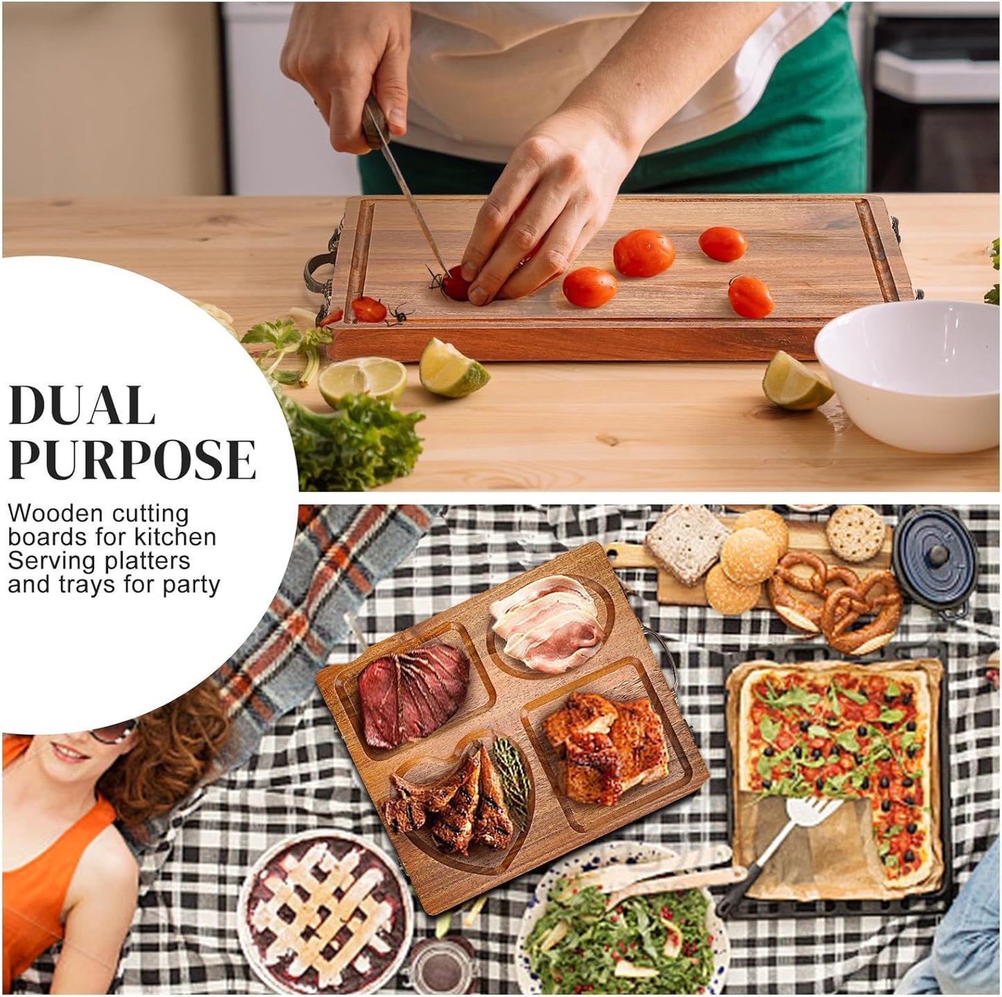 Double Side Acacia Wood Serving Tray, Serving Platters and Trays, Charcuterie Boards Wooden Tray with Vintage Metal Handles, Wooden Cutting Boards for Kitchen, Trays for Serving Food Serving Platter