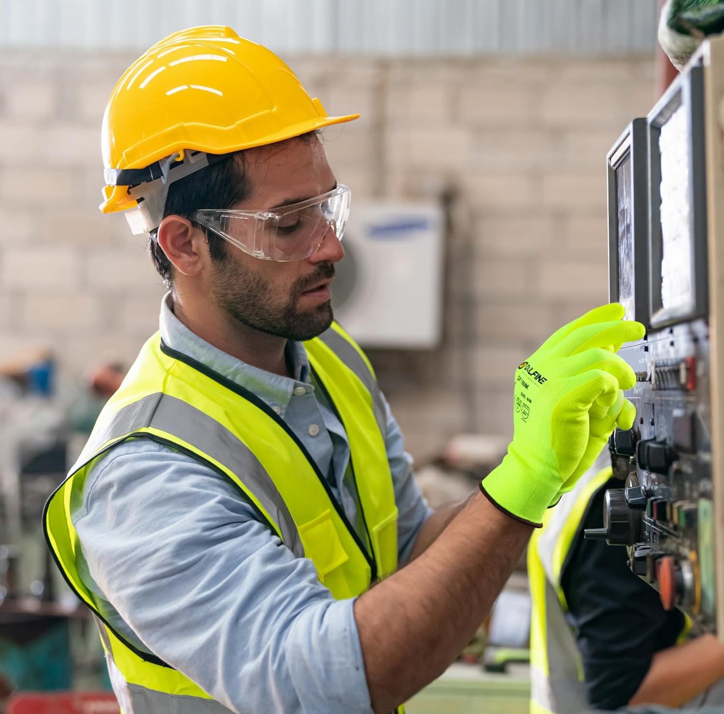 DULFINE Work Gloves for Men and Women,Hi-Vis Yellow Knit Nylon Glove with MicroFoam Nitrile Coated-12 Pairs Pack,Ideal for General Purpose,Automotive,Home Improvement,Painting(Large)