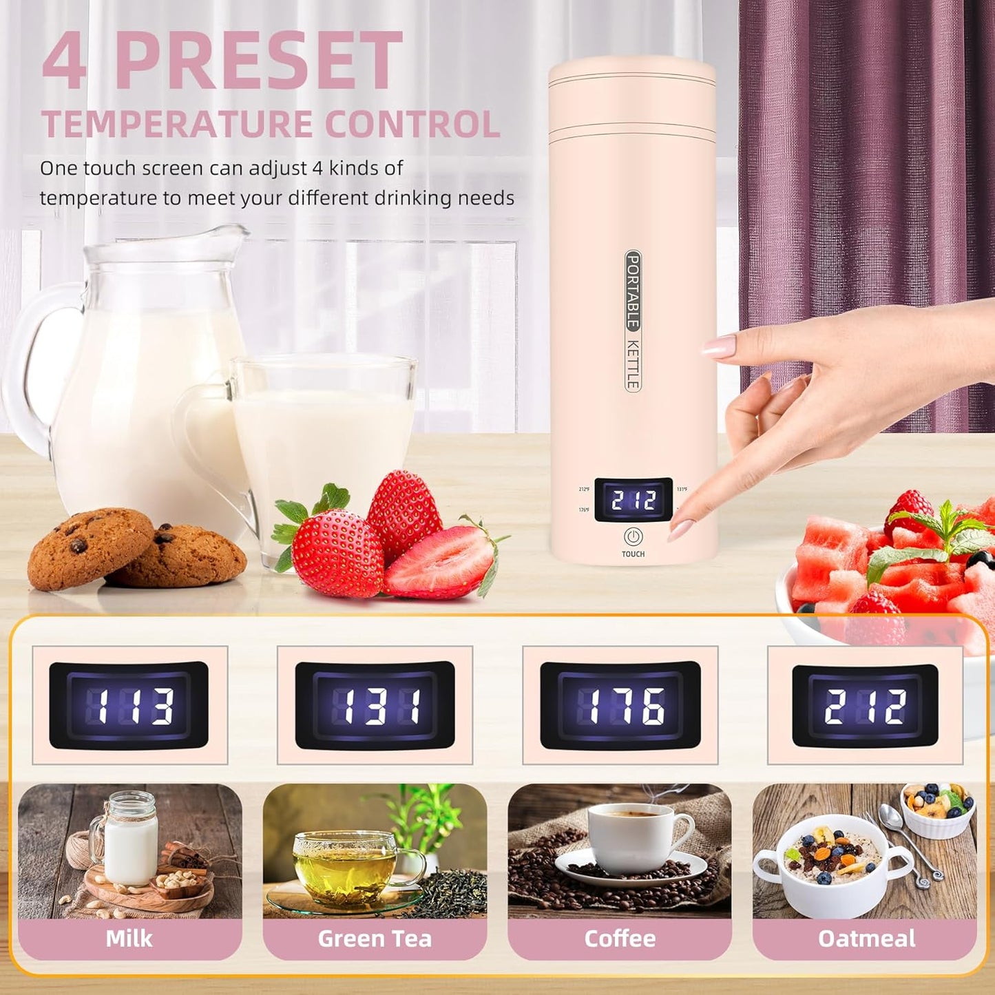 Travel Electric Kettle Portable Small Mini Tea Coffee Kettle Water Boiler, Water Heater with 4 Temperature Control,304 Stainless Steel with Auto Shut-Off & Boil Dry Protection, BPA-Free (Pink)