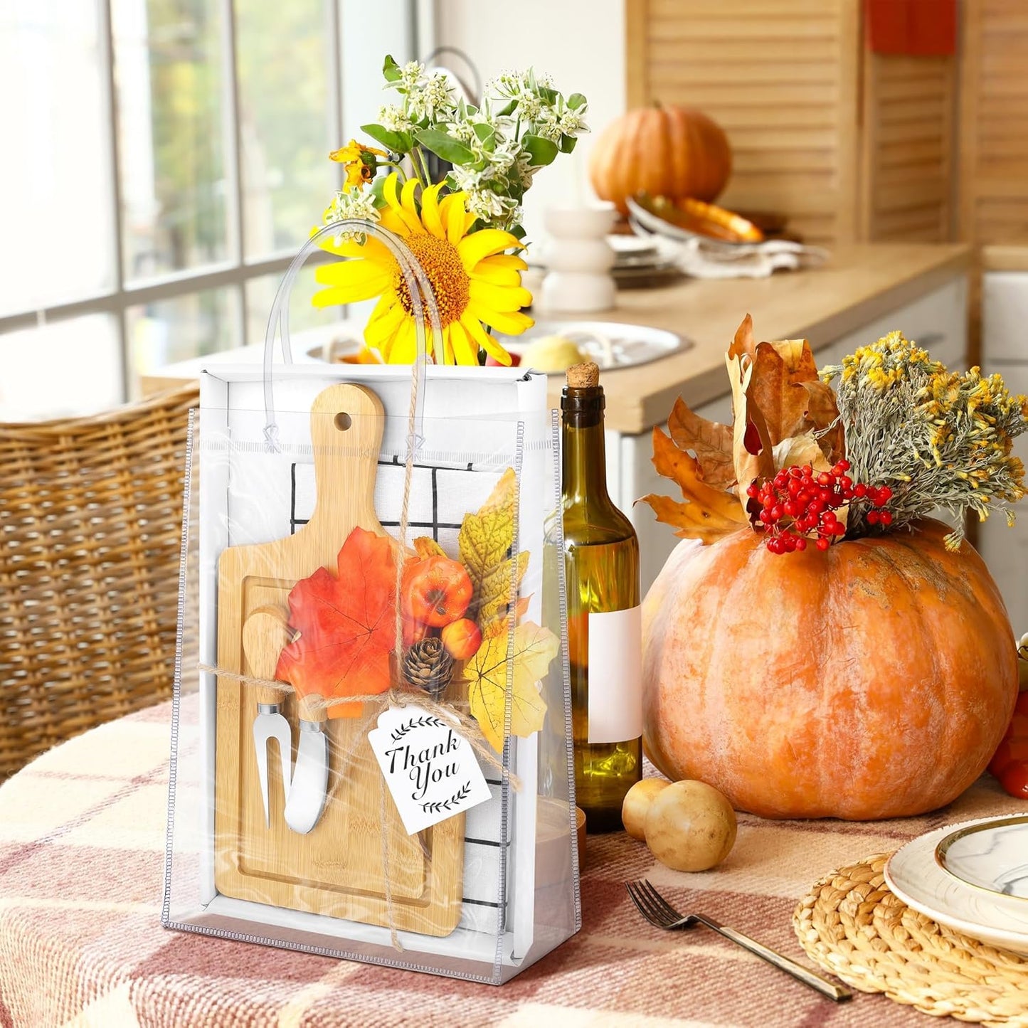 6 Sets Autumn Gifts Bridal Shower Favor 43 Pcs Wooden Square Cheese Board with Knives Forks Kitchen Towels Tags, Pre-Assembled Gifts for Fall Thanksgiving Party Supplies Winner Game Prizes