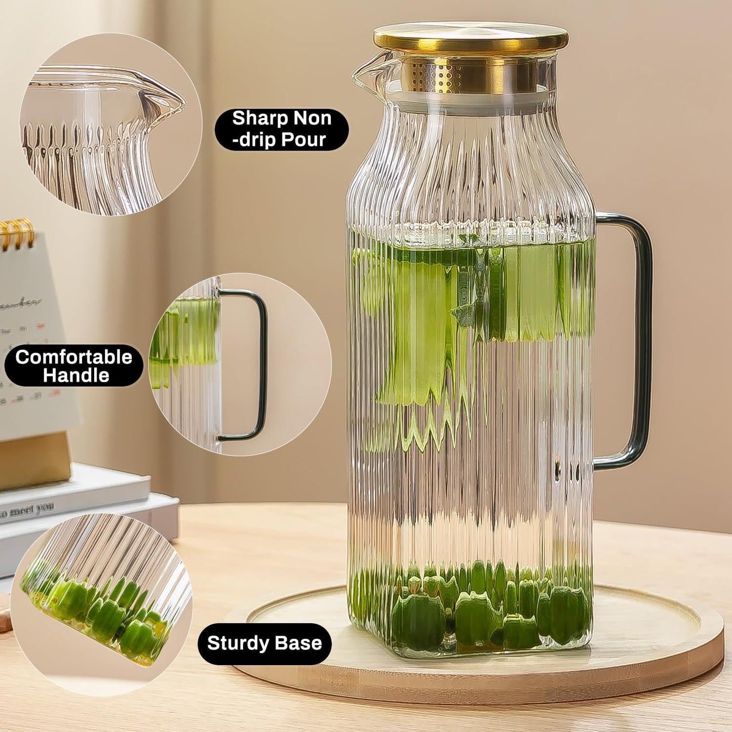 2 PACK Square Glass Pitcher with Lid and Spout,68 oz/2 Liter Vertical Stripes Water Pitcher for Fridge, Borosilicate Glass Water Carafe for Cold Brew, Coffee, Lemonade, Sun Tea,Heat Resistant