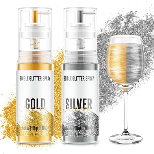Edible Glitter Spray,Gold & Silver 2 Colors Food Grade Edible Glitter Set for Drink Cake Beverages,Cupcakes,Cake Pops and Cookies Decorating