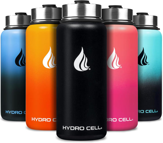 HYDRO CELL Stainless Steel Insulated Water Bottle with Straw - For Cold & Hot Drinks - Metal Vacuum Flask with Screw Cap and Modern Leakproof Sport Thermos for Adults (Black 32oz)