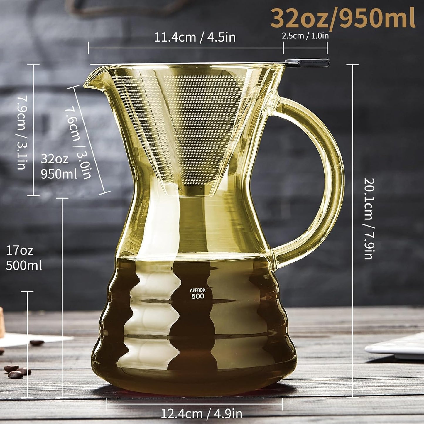 Unbreakable - Pour Over Coffee Maker with Permanent Stainless Filter 32 fl oz, Thickened Heat-Resistant Borosilicate Glass Dripper Coffee Brewer, Stovetop Safe, Yellow