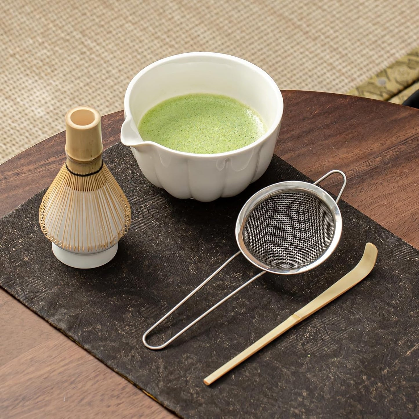 Matcha Whisk Set, Matcha Bowl with Spout, Matcha Whisk, Chasen Holder, Sifter, Bamboo Scoop - 5 Pcs Perfect Matcha Making Kit for Matcha Lover and Tea Ceremony (Pearl White)