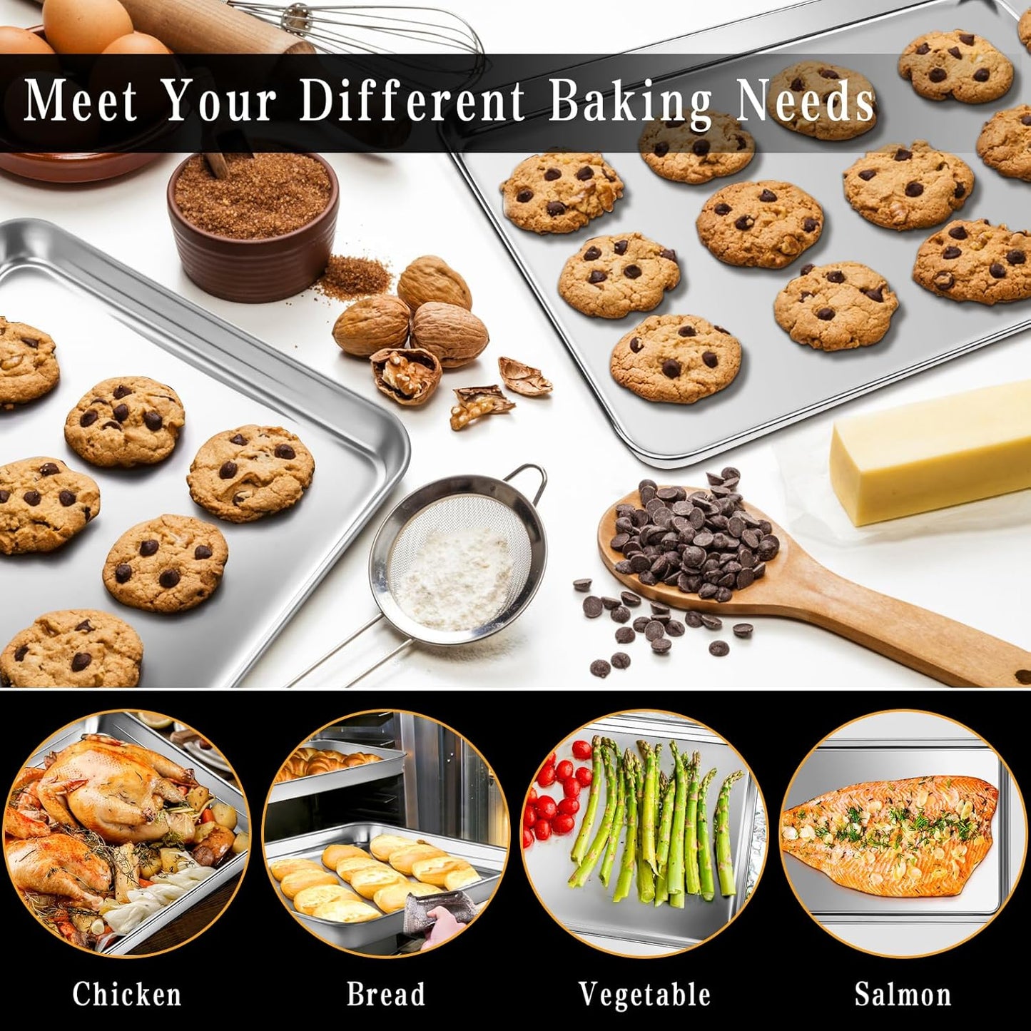 Stainless Steel Baking Sheet Set, 2 Pcs Half Cookie Sheet Pan Baking Trays for Oven, Non Stick and Heavy Duty and Easy Clean, 17.71 x 13.7 x 1 Inch