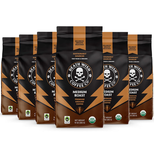 Death Wish Coffee, Medium Roast Ground Coffee, 6 pack