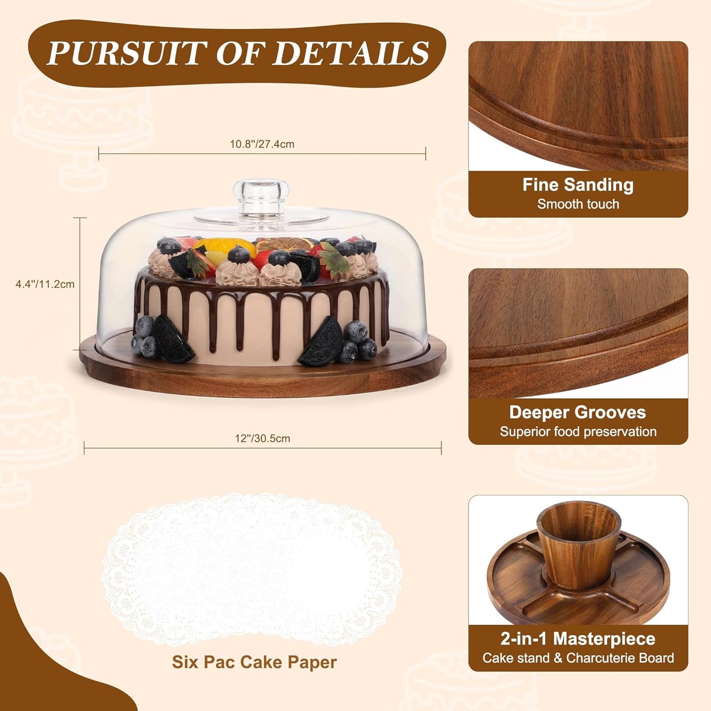 Bellsal Cake Stand with Clear Acrylic Dome Lid, 12in Acacia Wood Cake Holder with Lid, Cake Plate with Lid for Baking Gifts, Cake Display Server Tray for Birthday Party Weddings