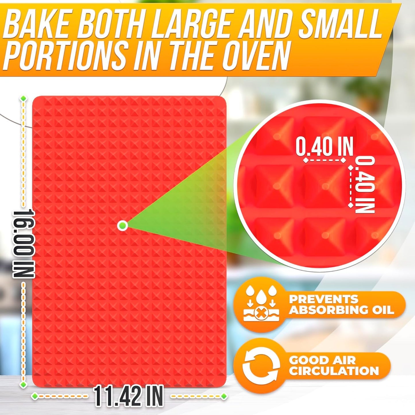 Silicone Baking Mat - 16x11.5" Non Stick Silicone Cooking Mat Fat Filtering Red Pyramid Design, for Roasting, BBQ & Pastry Making - Oven and Microwave Bacon Cooker Food Grade, Flexible & Easy-to-Clean