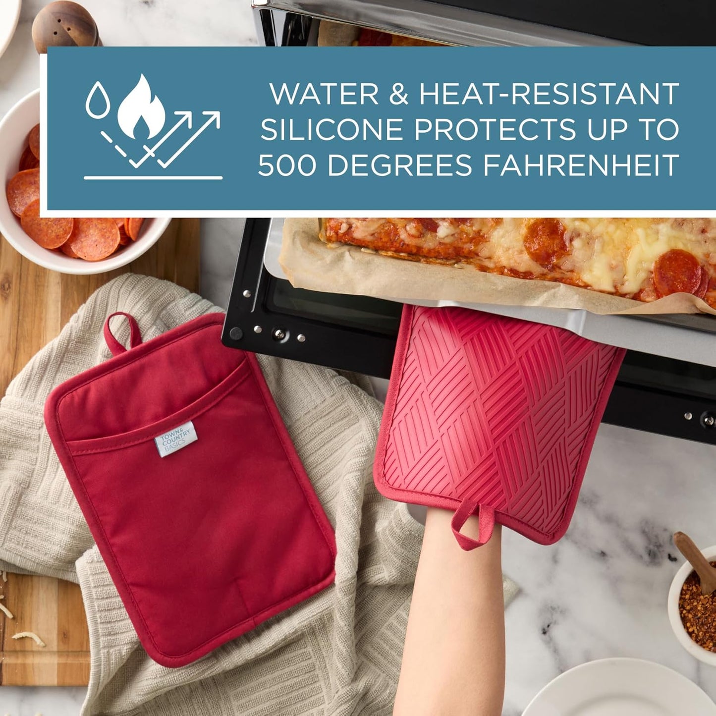 TOWN & COUNTRY BASICS Basketweave Soft Silicone Pot Holder 2-Pack Set, Heat Resistant up to 500F, Flexible Silicone, Non-Slip Grip, Red, 7.5"x10"