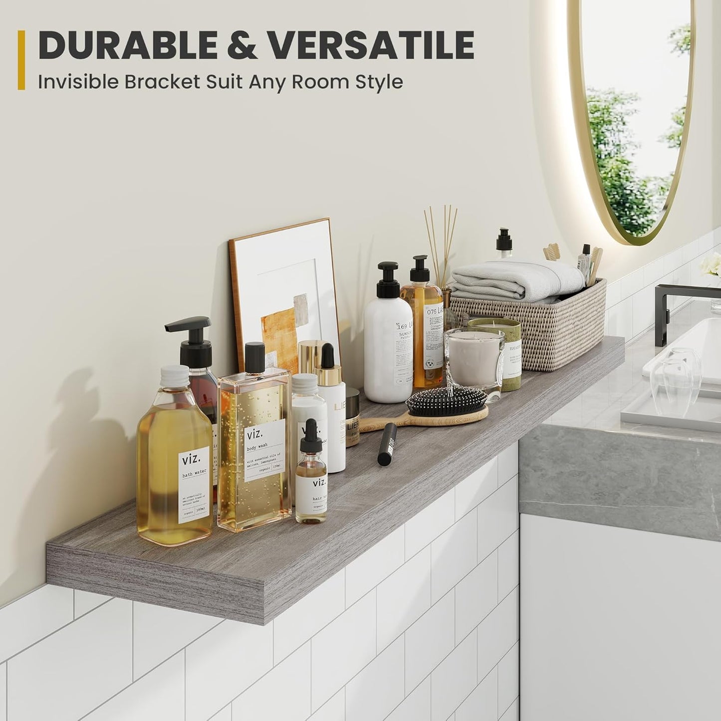 24 Inch Floating Shelves, 9.3" Deep Floating Shelf Wall Mounted, 24" Wall Shelves, Rustic Deep Bookshelf, Large Display Shelves & Storage Shelves for Bedroom, Living Room, Gray, Set of 2