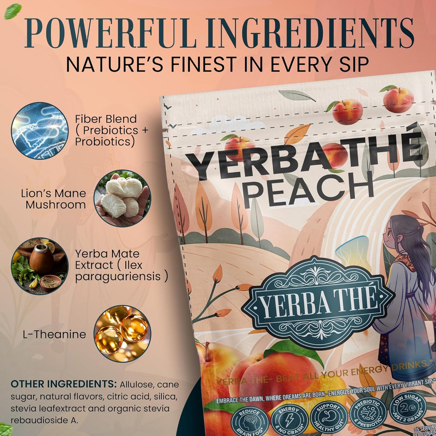 Ancient Diosa - Yerba Mate Tea Powder 350g, 35-Servings - Peach Flavor Clean Energy Drink Superfood - Support Gut Health with Probiotics and Prebiotics, Reduce Brain Fog, Relaxation and Focus Blend