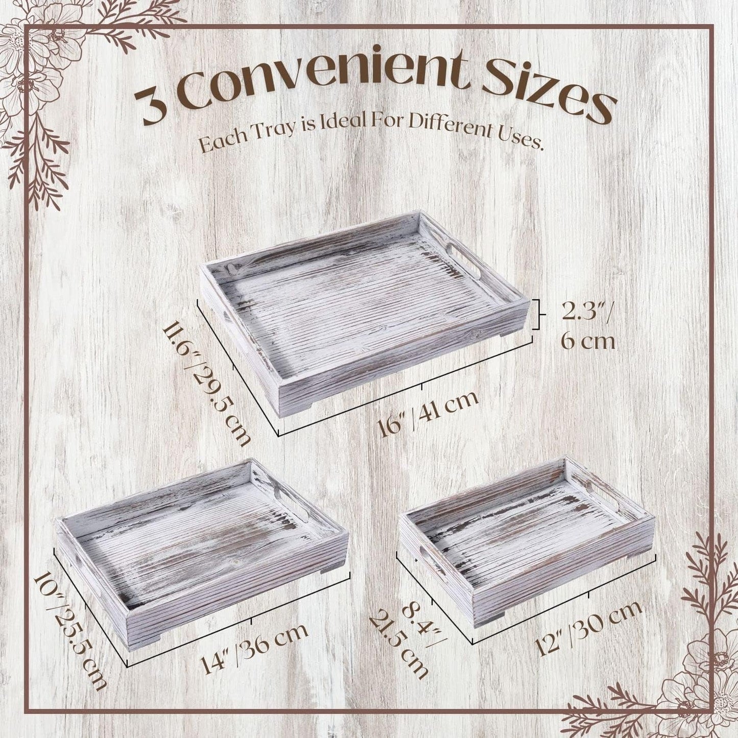 Flexzion Rustic Wooden Serving Tray with Handle - 3-Piece Set of Wooden Trays for Ottomans, Torched Whitewash Nesting Trays for Eating, Decoration, Coffee, Stackable Rectangular Breakfast Trays