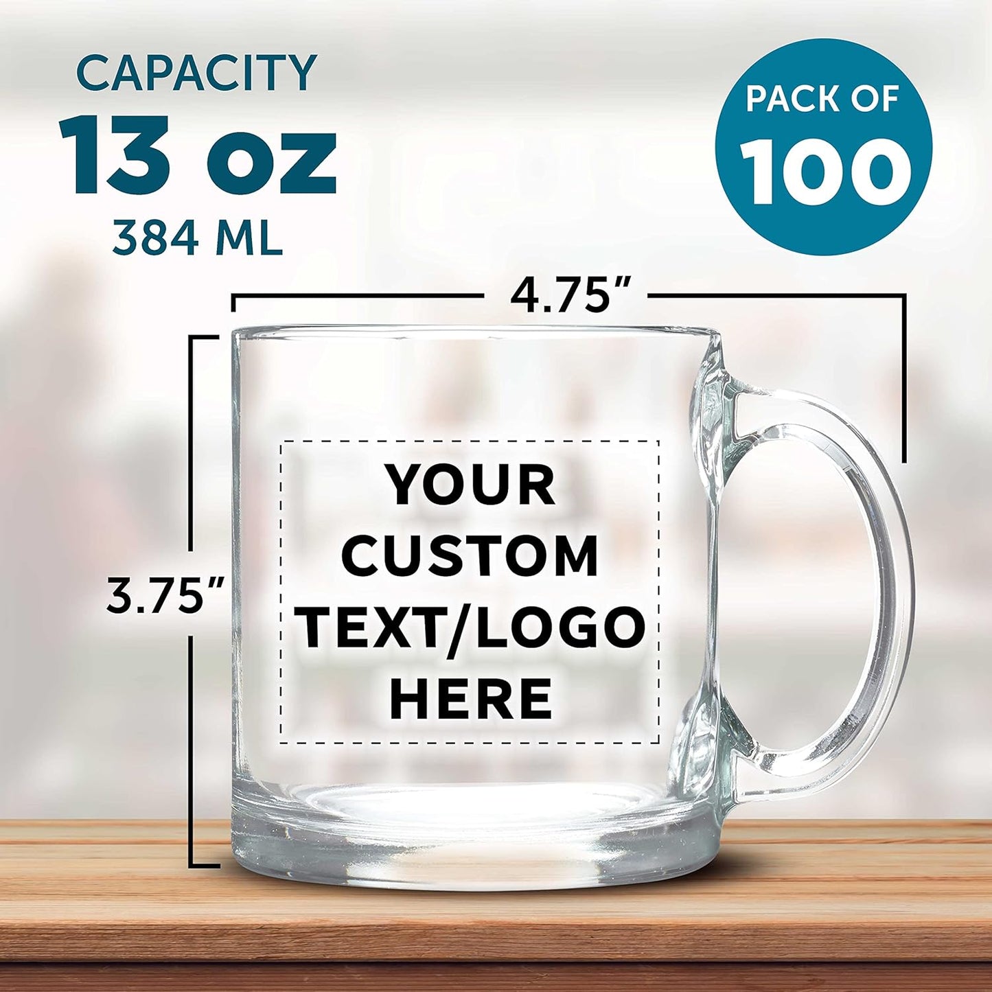 Custom Libbey Clear Glass Coffee Mugs 13 oz. Set of 100, Personalized Bulk Pack - Perfect for Coffee, Tea, Espresso, Hot Cocoa, Other Beverages - Clear Bottom