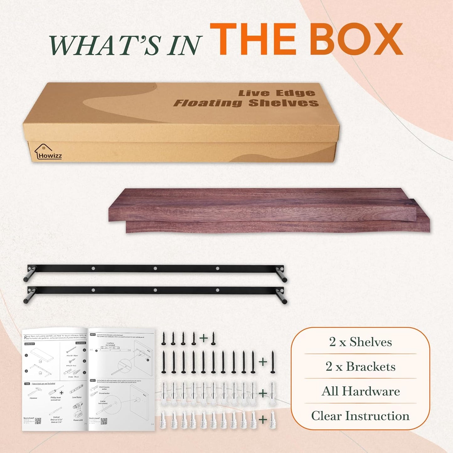 24" Acacia Live Edge Floating Shelves Set of 2 - Wall Mounted Wooden Shelf for Stylish Home Décor - Cherry Color 24x7.5x1.5 Inches