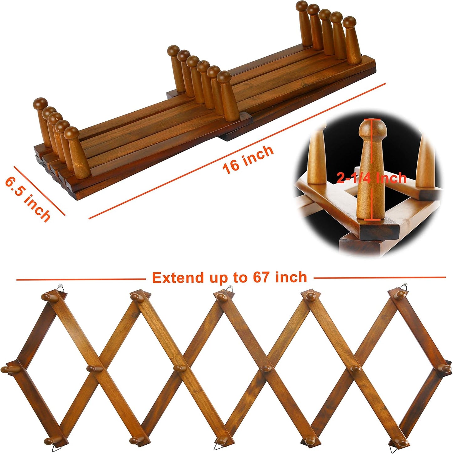 Dseap Accordian Wall Hanger: 16” High Wooden Wall Expandable Coat Rack, Hat Rack Holder, Accordion Hook for Baseball Caps, Coats, Mugs, 16 Peg Hooks, Brown
