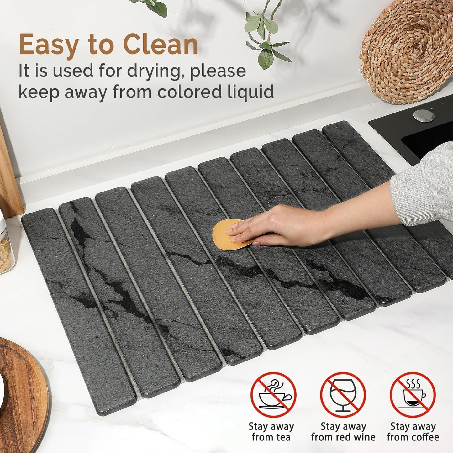 2 PCS Large Stone Dish Drying Mat for Kitchen Counter,Quick Dry Stone Dishes Mats,Marbled Water Absorbing Diatomaceous Earth Drying Pad for Countertop Bottles Utensils Cups（Dark Gray 24"×16" & 8"x4"）