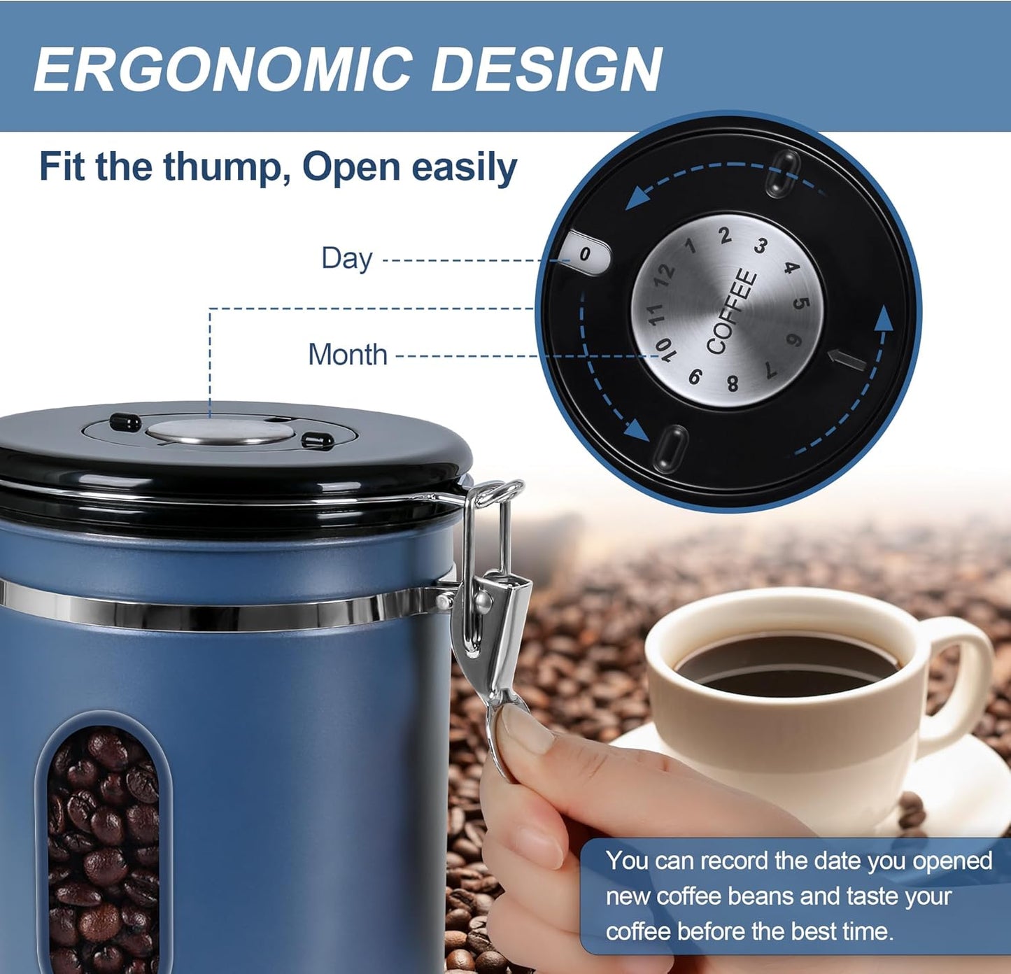 1800ML Airtight Coffee Canister with Date Tracker&Transparent Window, 22.8OZ Coffe Beans Storage with 30ML Measure Spoon&4 co2 Valve, Coffee Container for Grounds Coffee, Beans, Tea, Sugar&Flour(Blue)