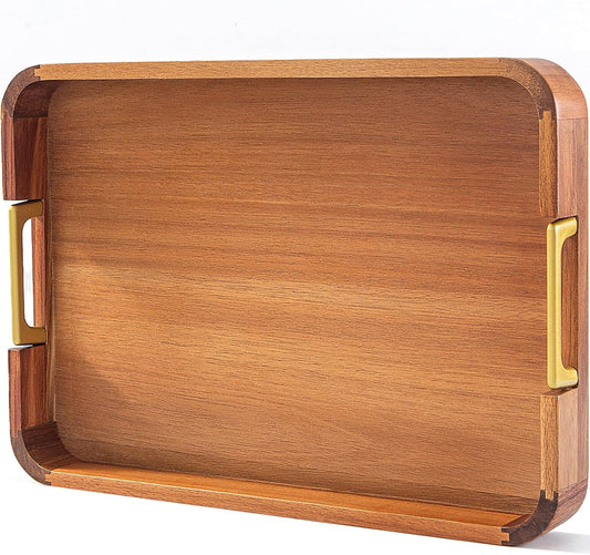 Acacia Wood Serving Tray with Metal Handles, 17x12in Food Drinks Tray for Coffee Table, Breakfast, Dinner & Bar, Rustic Decorative Storage Tray for Ottoman, Kitchen, Parties