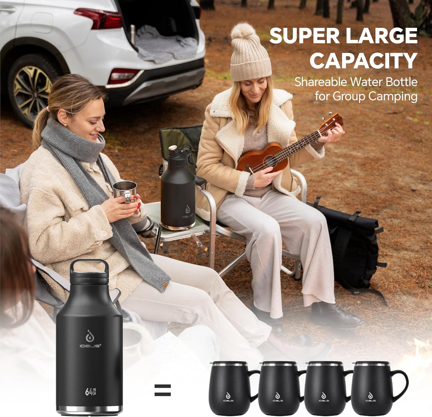 IDEUS Insulated Stainless Steel Water Bottle with 2 Leak-Proof Lids, Thermal Water Flask for Hiking Biking, 64oz, Black