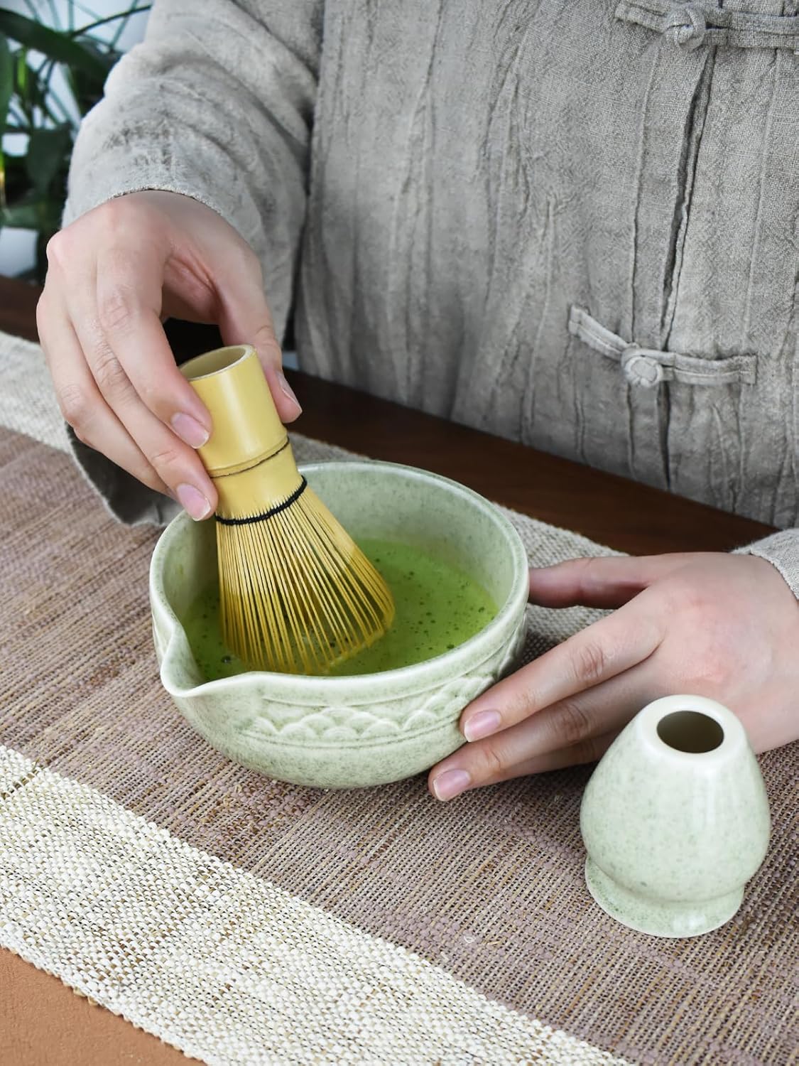 Artcome Matcha Tea Set with Pouring Spout - Green Ceramic Matcha Bowl, Bamboo Whisk, Whisk Holder, Tea Scoop & Matcha Tea Manual for Traditional Japanese Tea Ceremony - Ideal for Gift - Light Green