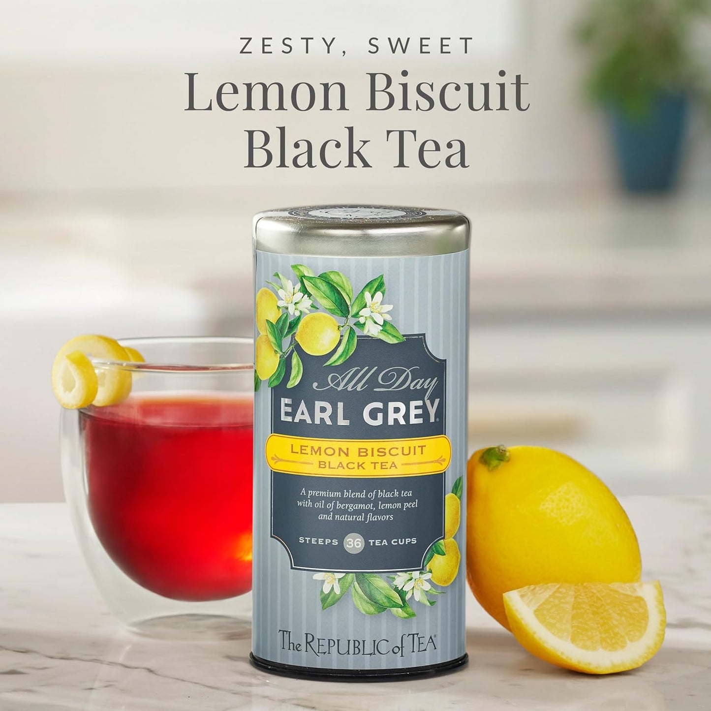 The Republic of Tea – All Day Earl Grey Lemon Biscuit Black Tea, Naturally Caffeinated, 36 Tea Bags