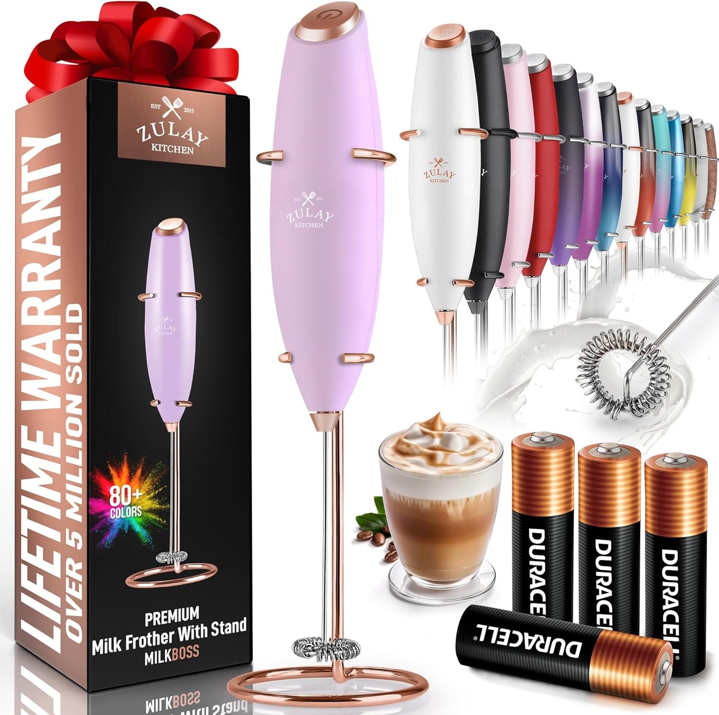 Zulay Kitchen Powerful Milk Frother Wand With 4 AA Duracell Batteries - Ultra Fast Handheld Drink Mixer - Electric Whisk Foam Maker for Coffee, Lattes, Cappuccino, Matcha & Creamer