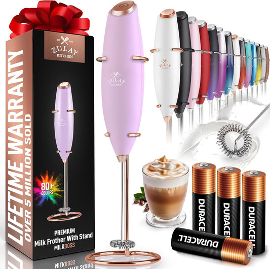 Zulay Kitchen Powerful Milk Frother Wand With 4 AA Duracell Batteries - Ultra Fast Handheld Drink Mixer - Electric Whisk Foam Maker for Coffee, Lattes, Cappuccino, Matcha & Creamer