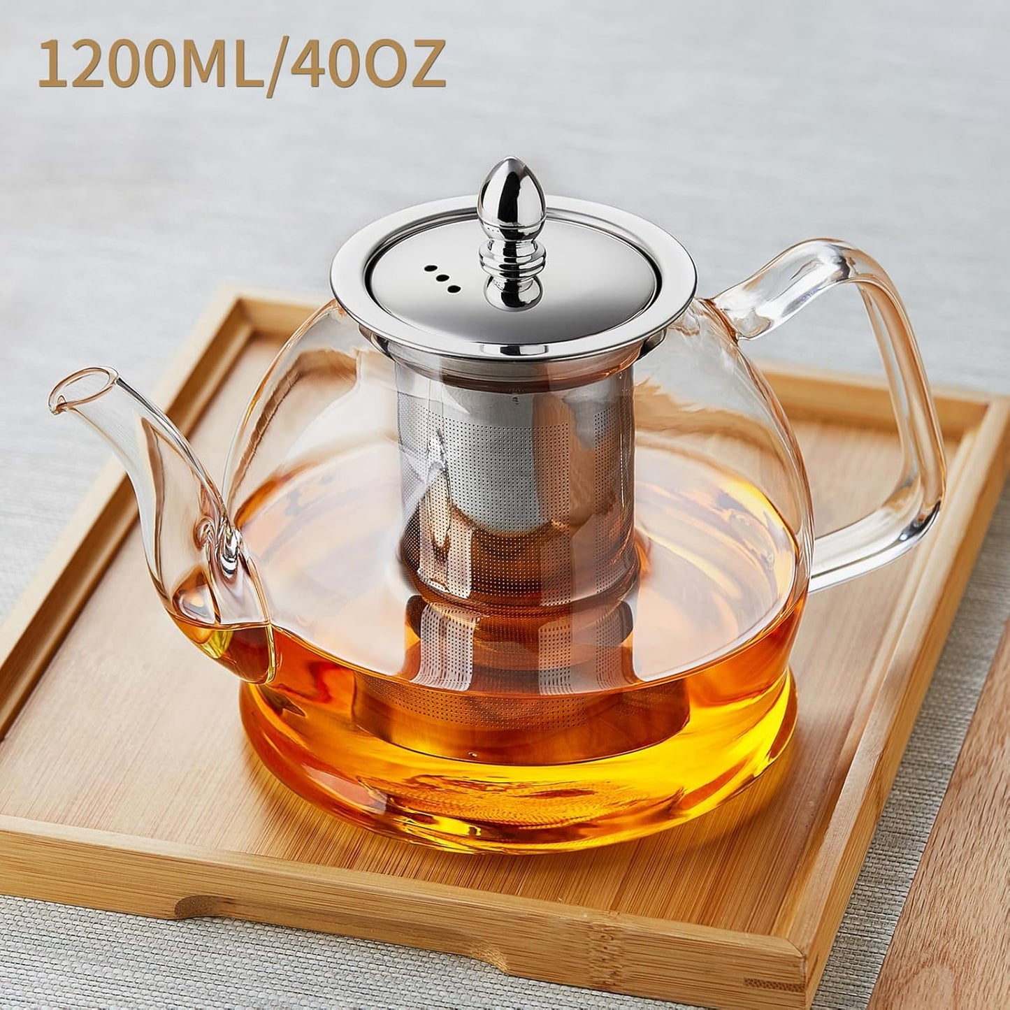 1200ml Glass Teapot with Removable Infuser, Stovetop Safe Tea Kettle, Blooming and Loose Leaf Tea Maker Set