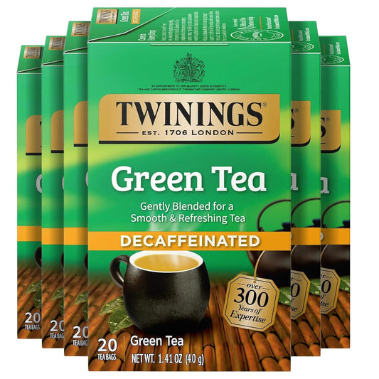 Twinings Decaffeinated Green Tea Individually Wrapped Bags, 20 Count (Pack of 6), Smooth Flavour, Enticing Aroma, Enjoy Hot or Iced, 120 Teabags